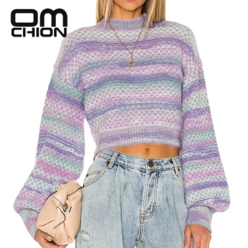 

OMCHOION Korean Fashion Tie Dyeing Mixed Color Sweater Long Sleeve Chic Pullover 2021 Round Neck Hollow Out Short Jumper BR57
