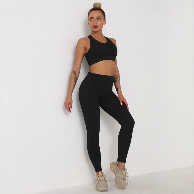 

Seamless Knitted Sexy Sports Tank Top High Waist Hip Leggings Yoga Suit Track Suit Women Quick-Drying Underwear Fitness Trousers