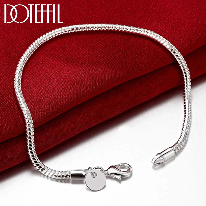 

DOTEFFIL 925 Sterling Silver 8 Inch 3mm Snake Chain Basis Bracelet For Woman Charm Wedding Engagement Fashion Party Jewelry