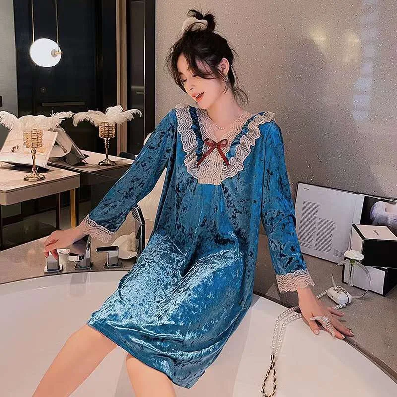

Blue Velour Nightgown Ladies Sweet Lace Bow Home Dress Sexy V-Neck Nightdress Casual Pyjamas Autumn Winter Loose Sleepwear