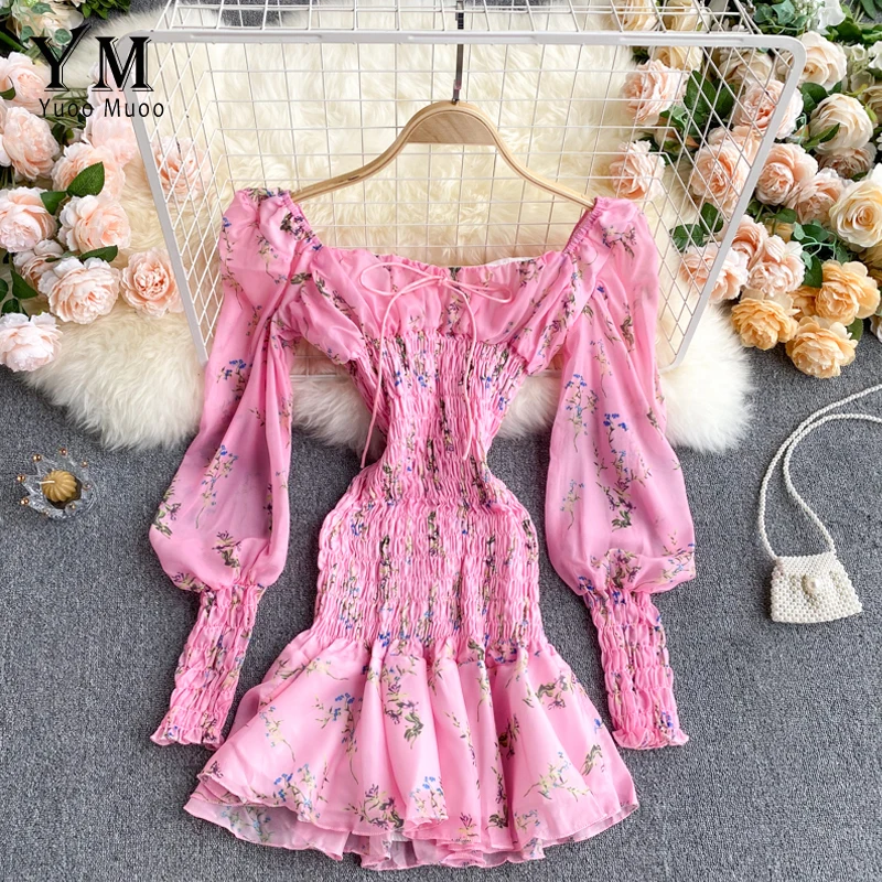 

YuooMuoo Ins Fashion Sexy Mini Ruffled Dress Women 2021 Spring Gothic Ruched Party Dress Sheath Long Sleeve Pink White Dress