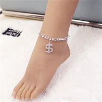 trendy shiny cute dollar sign crystal tennis anklet for women gold silver color boho sandals rhinestone foot ankle chain jewelry