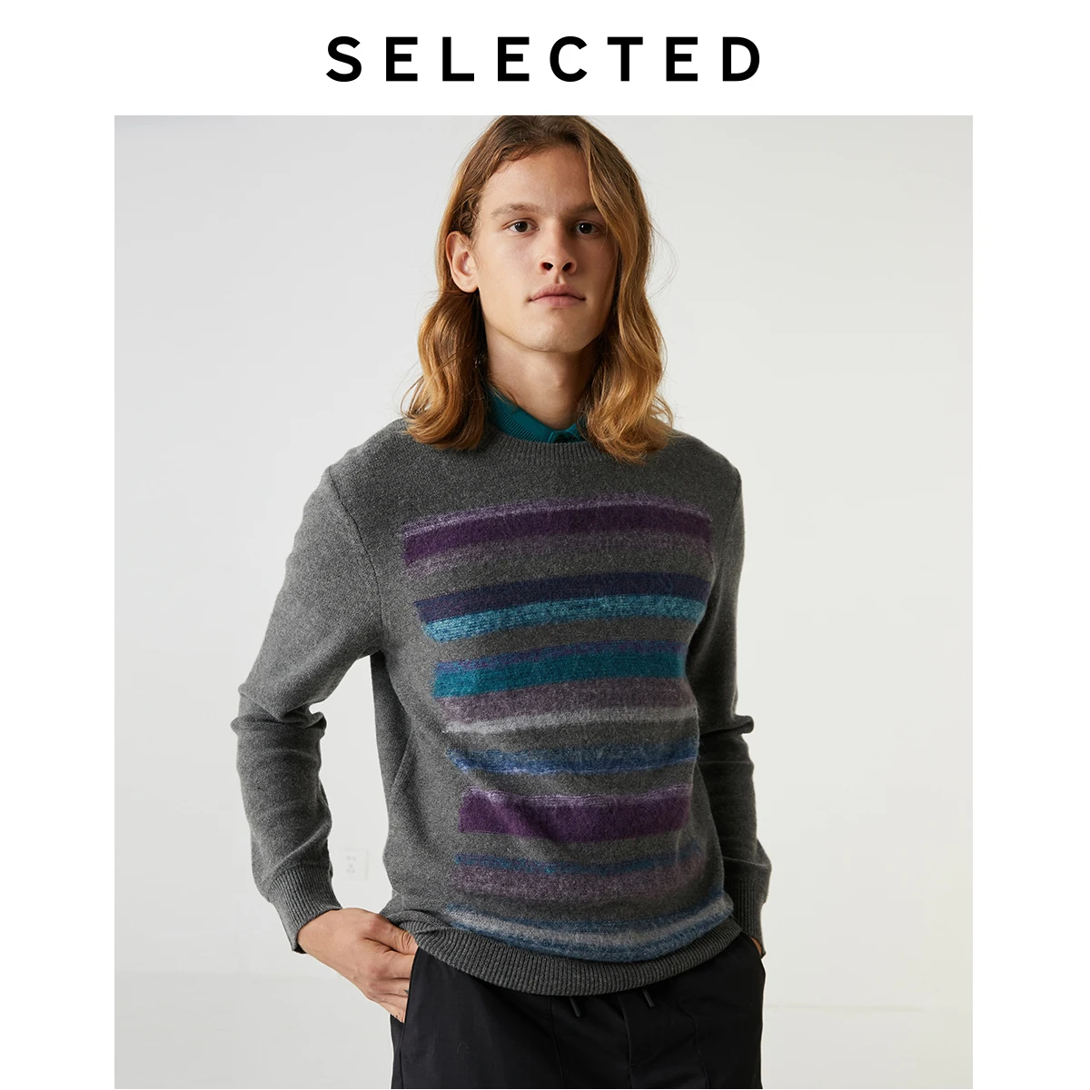 

SELECTED Men's Colorful Stripe Knit Contrast Stitching Wool Sweater S|419425511