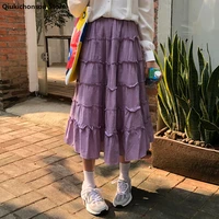qiukichonson spring summer long midi skirt for women korean fashion elastic high waist a line cute frilly skirts teen girls jupe