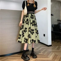 2021 summer casual mid length high waist womens skirt green flower print fashion loose a line elegant kawaii skirt beach