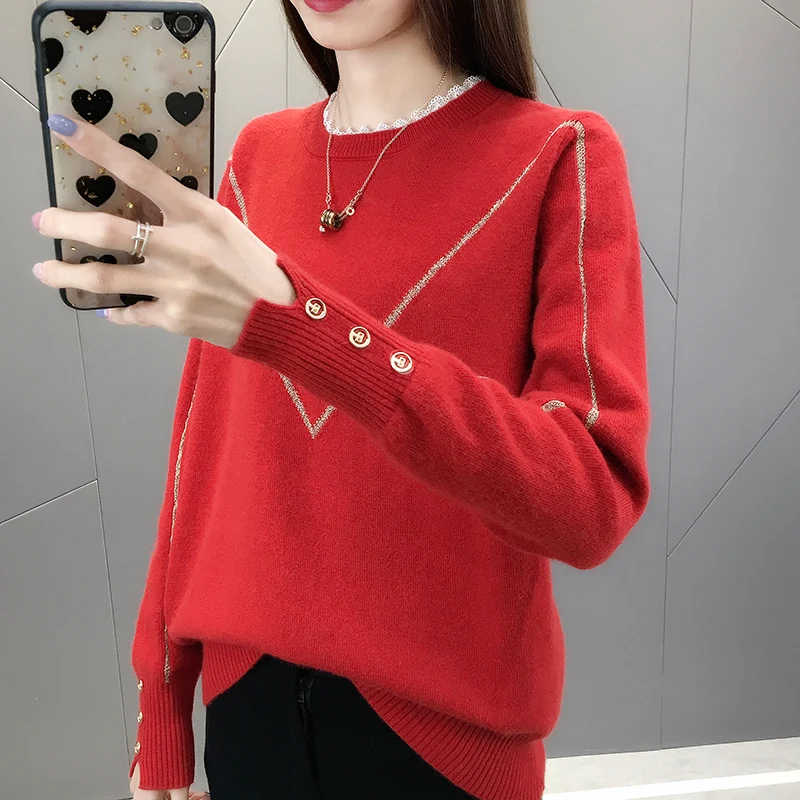 

Plus Size Knitted Pullovers Sweaters Women 2021 Autumn Winter Lace Trim Button Knitwear Tops Oversize Korean Ladies Base Jumpers