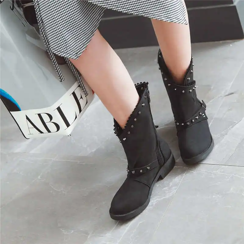 Odetina New Women Chunky Low Heel Platform Zip Buckle Strap Ankle Boots Studded Rivet Comfort Winter Round Toe Big Size 43 | Обувь