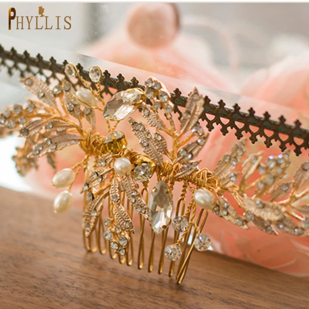 

PHYLLIS A83 Golden Leaf Rhinestone Flower Wedding Hair comb Tiara for Girls Party Accessories Jewerly out of Hair Headpiece