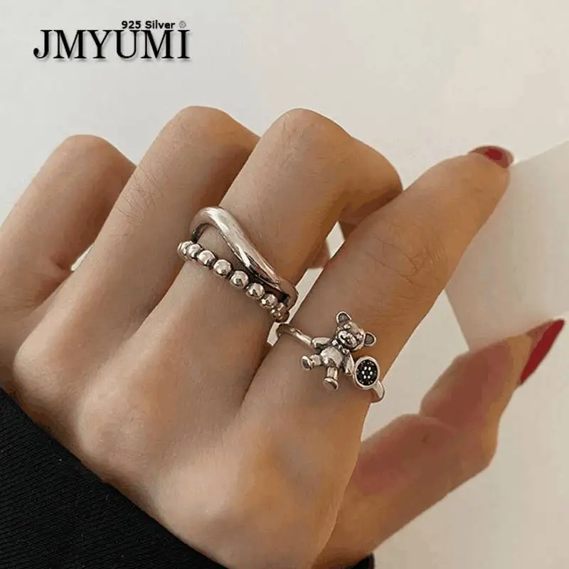 

JMYUMI 925 Sterling Silver Bear Rings New Fashion Creative Hollow Wave Multilayer Geometric Vintage Punk Party Jewelry Gifts