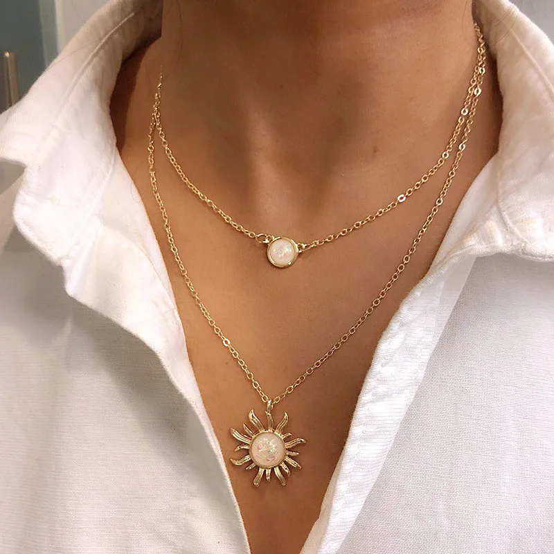 

2021 new product accessories French jewelry design multi-layer sunflower necklace women fashion opal clavicle chain
