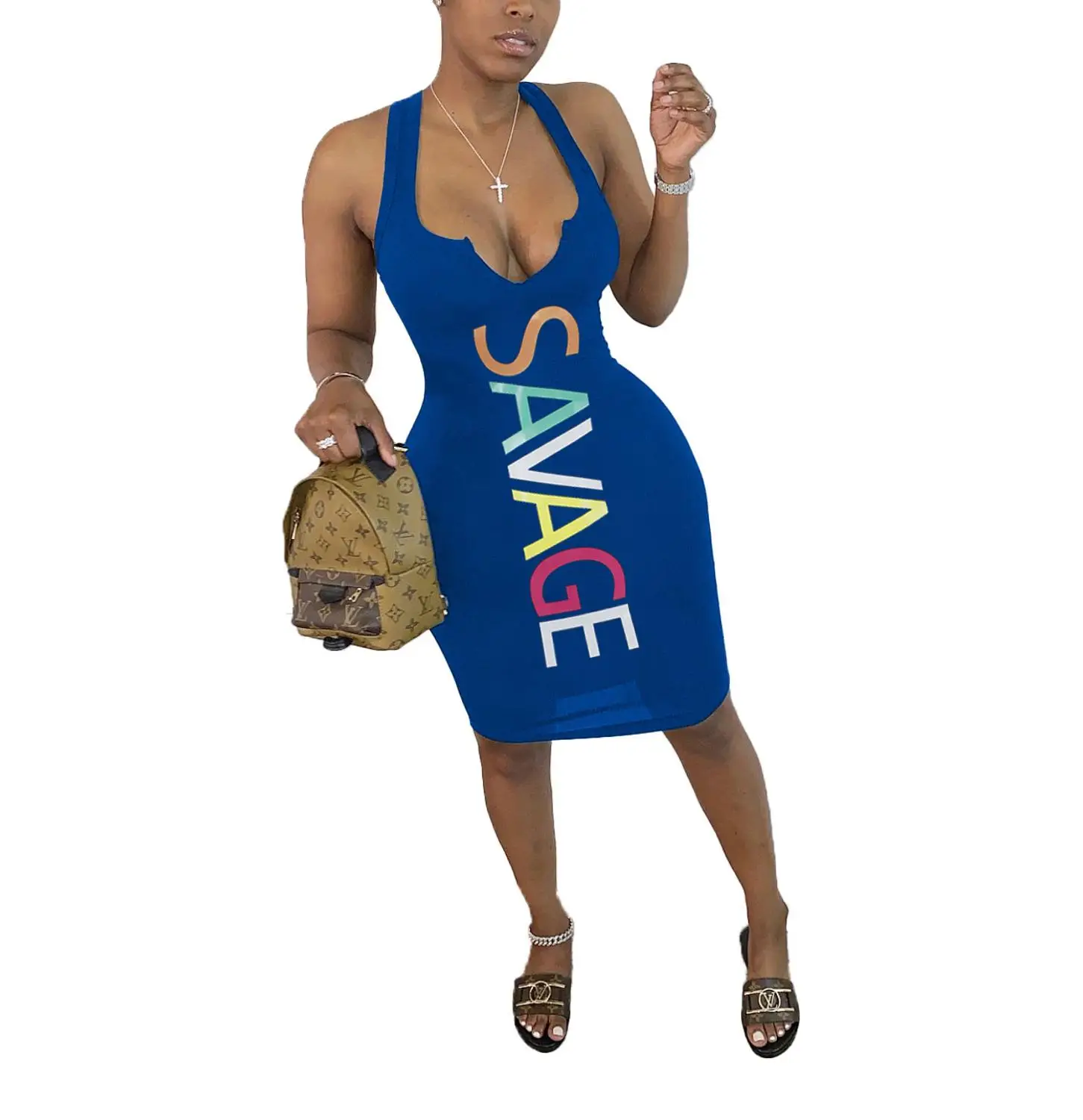 

Women Sexy Sleeveless Dress V-neck Letter Printing Strap Short Dress Casual Tight Dress