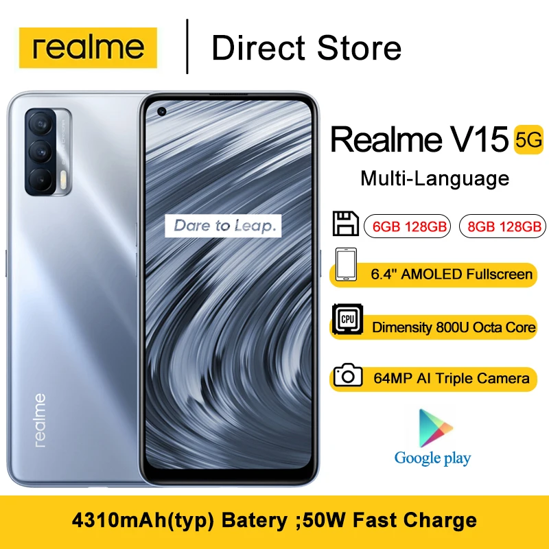 Realme V15 5G смартфонов 6 4 ''amoled полноэкранный Dimensity 800U Octa Core 64MP тройной камеры 4310