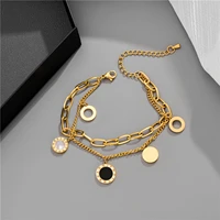 double link chain bracelet for women shell with roman numerals disc layered stacking bracelet