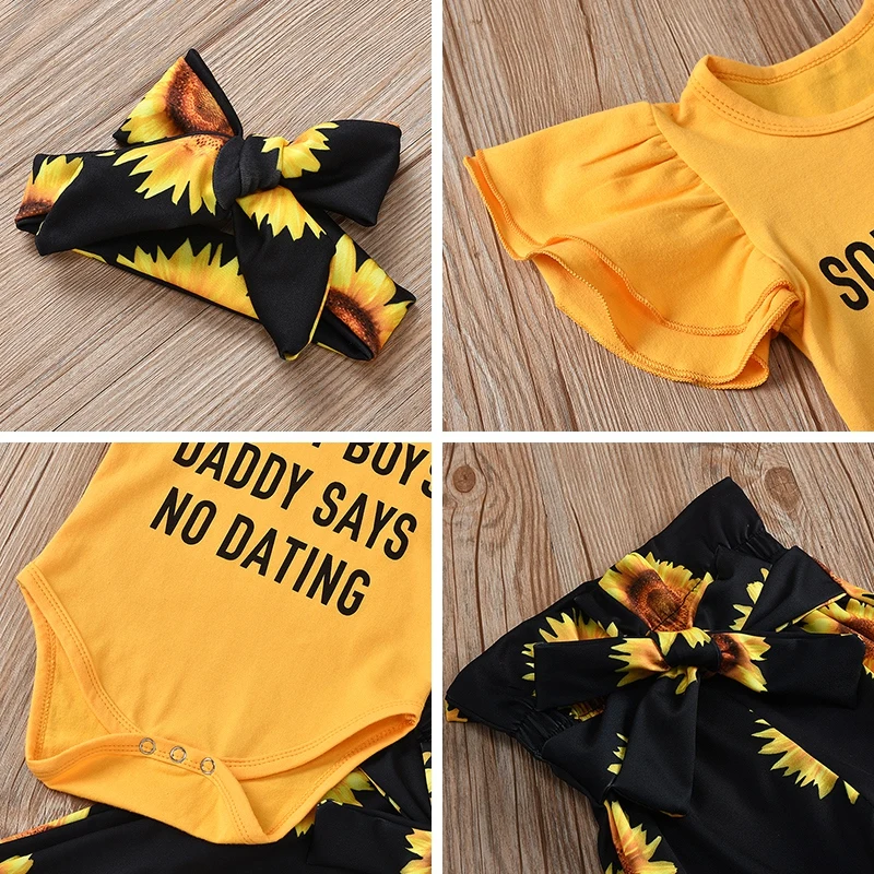 

2020Baby Rompers Girls Boys Jumpsuit Summer Flare Sleeve Letter Casual Romper Tops Floral Trousers Headband Infant Clothes 3Pcs