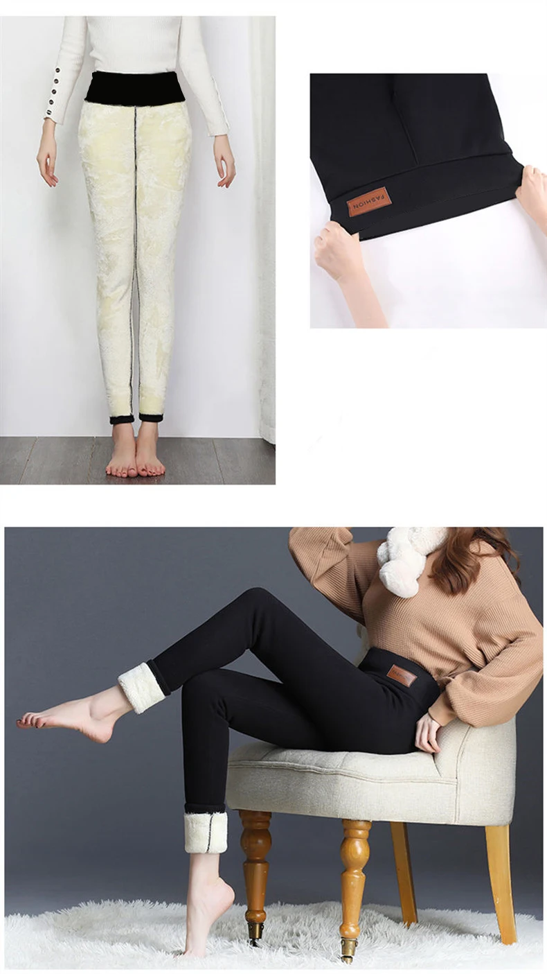 Black warm pants winter skinny thick velvet casual wool fleece Trousers Lambskin Cashmere Pants For Women leggings