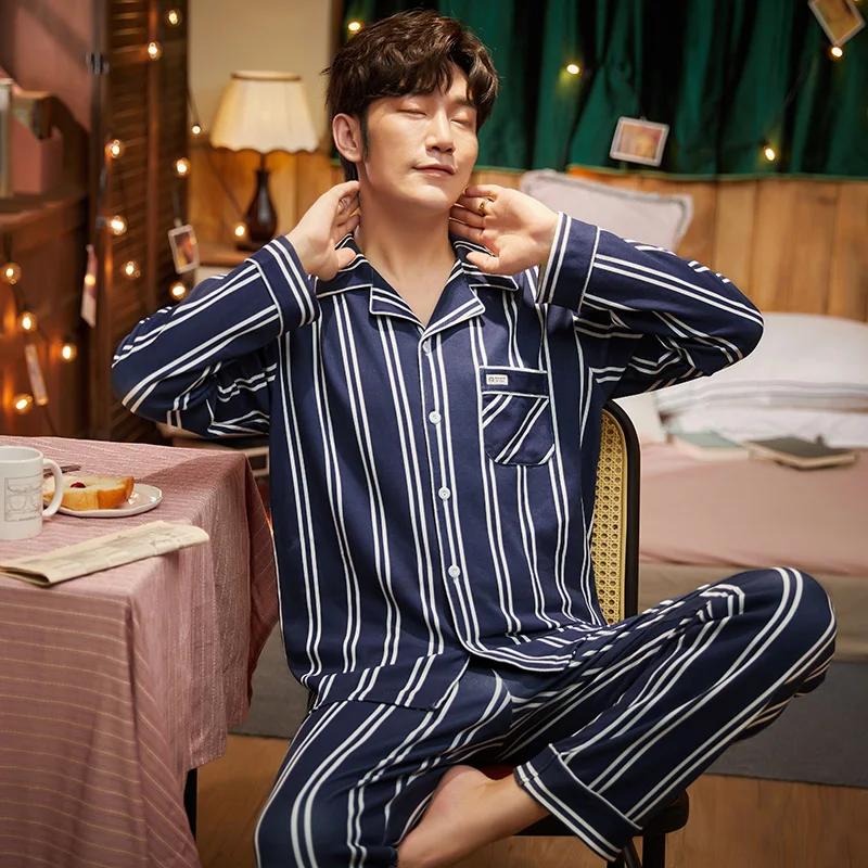 Осенне зимняя свободная сине белая полосатая Мужская пижама хлопковая теплая с