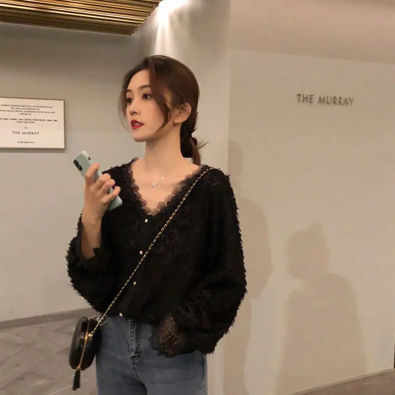 

Shirts Women Loose V-Neck Long Sleeve Soft Casual Chic Stylish Elegant Korean Style Female Blouses All-match Lace Popular Simple