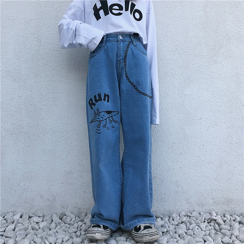 Harajuku Jeans Female Vintage Wash Women Fashion Chain Loose High Waist Cartoon Print Casual Trousers | Женская одежда