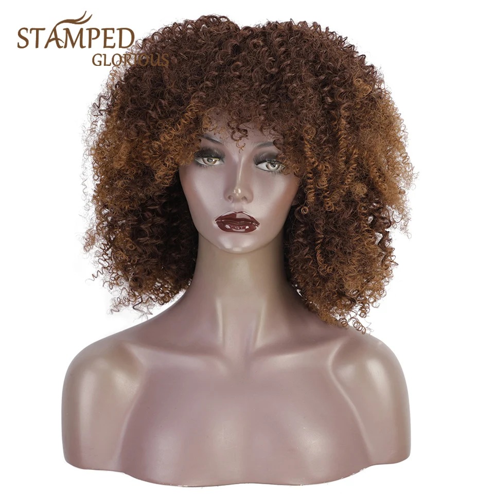 

Stamped Glorious Synthetic Wigs Short Afro Kinky Curly Wigs With Bangs For Black Women Blonde Mixed Brown Party Daily Wig