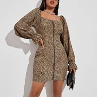 femotwin ruffles leopard dress for women elegant square collar long sleeve dress casual bodycon zipper high waist mini dress