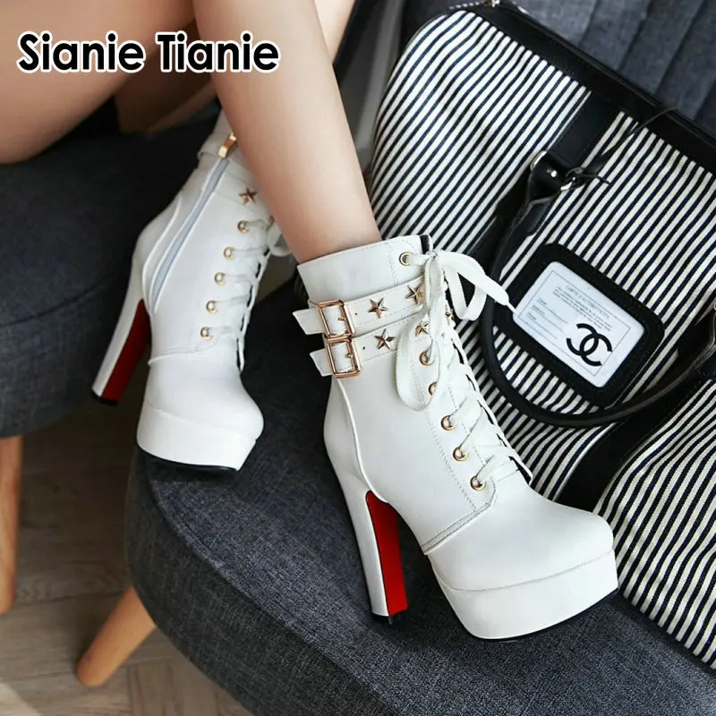 

Женские ботильоны со шнуровкой si001, черные или белые ботильоны на платформе и тонком высоком каблуке, с пряжкой и заклепками, зимние ботинки,...