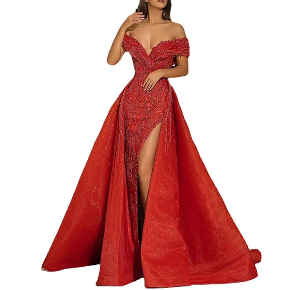 Red Formal Dress Off Shoulder With Detachable Train Vestidos De Noche Elegant Ceremony Long Woman Gala Party Dresses