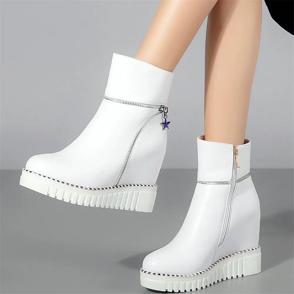 Platform Pumps Shoes Women Genuine Leather Wedges High Heel Ankle Boots Female High Top Round Toe Fashion Sneakers Casual Shoes