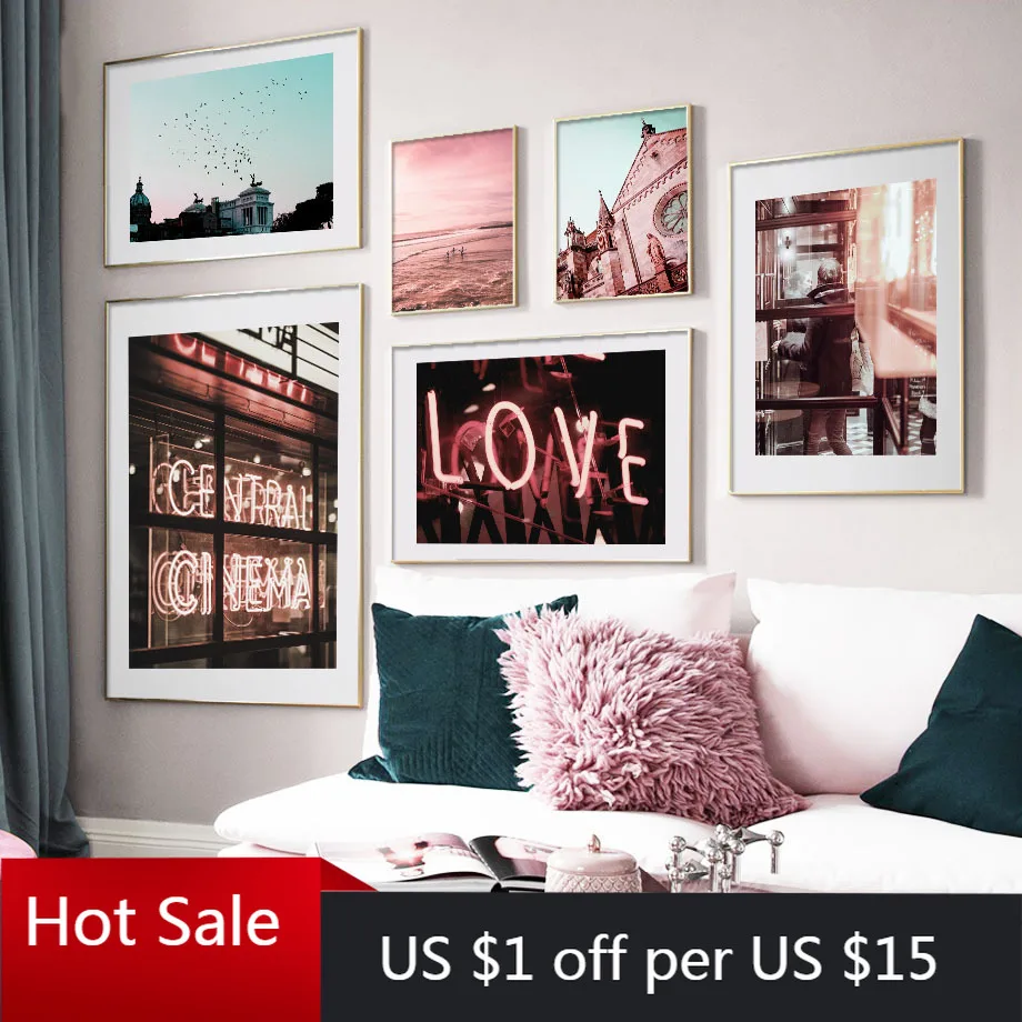 

Pink Sea Church Neon Light City Street Nordic Prints Wall Art Canvas Painting Club Wall Pictures For Posters Aesthetic Room Deco