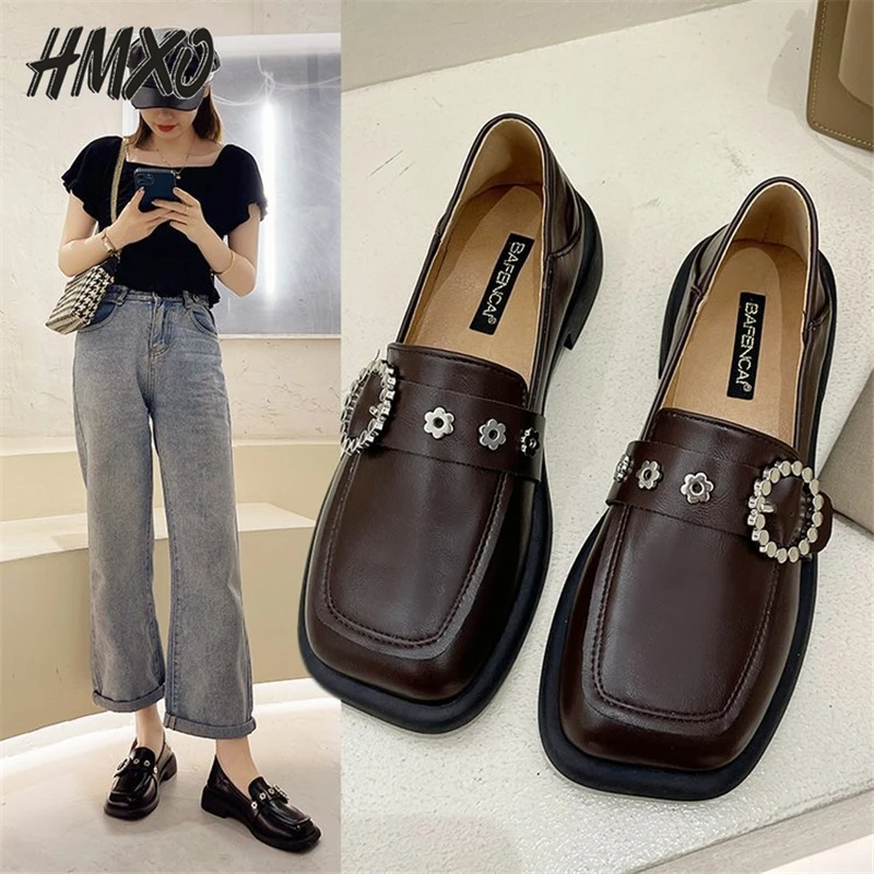 

HMXO Retro British Square Toe Two-wear Flat-heel Shoes Lazy One-step Belt Buckle Flat Shoes Crystal Soft Leather Mules Shoes