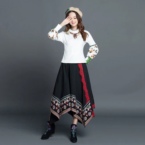 Осенне зимняя свободная Асимметричная юбка Макси до щиколотки с вышивкой