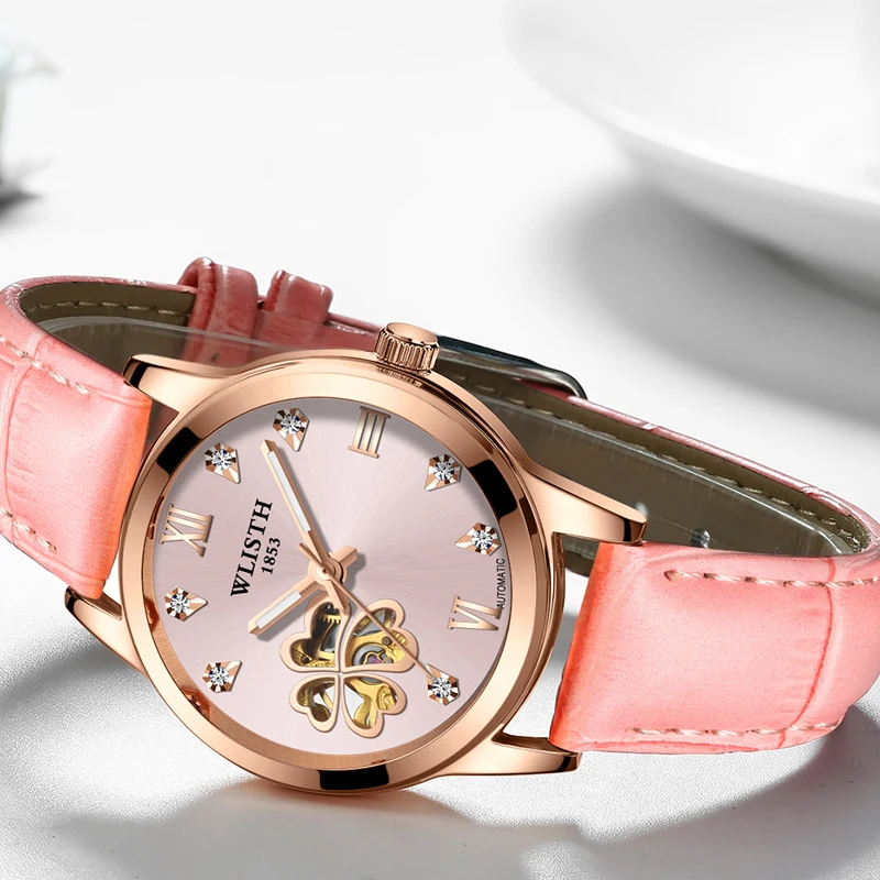 

Montre Femme WLISTH New Fashion Luxury Brand Skeleton Mechanical Watch Women Automatic Watches Woman Lather Crystal Female Clock