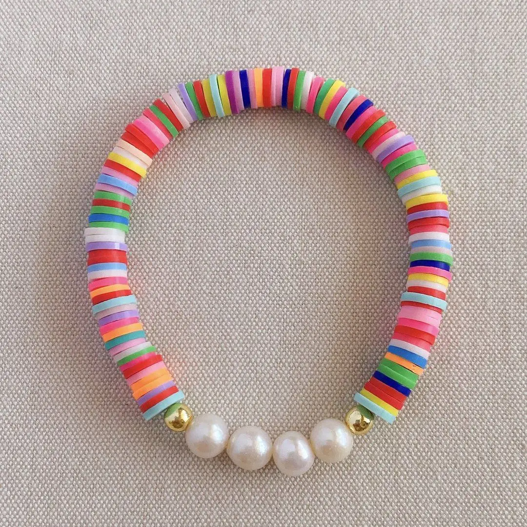 

5PCS, Freshwater Pearl Polymer Clay Disc Beads String Bracelets Women Color Popular Wristband Jewelry