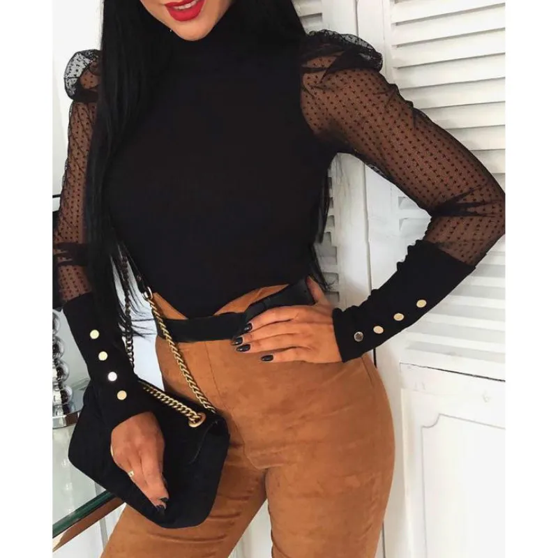 Женский пуловер в горошек с длинными рукавами пышными сетчатыми вставками