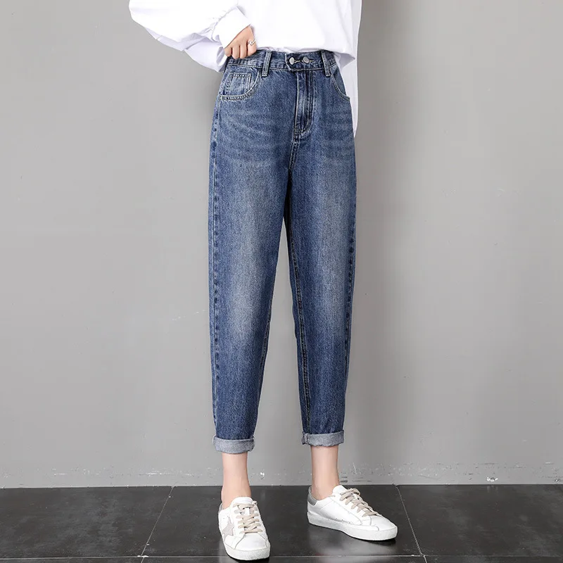 

Spring autumn fashion cotton denim jeans women 2021 new high waist blue retro harem washed office lady Casual jeans female