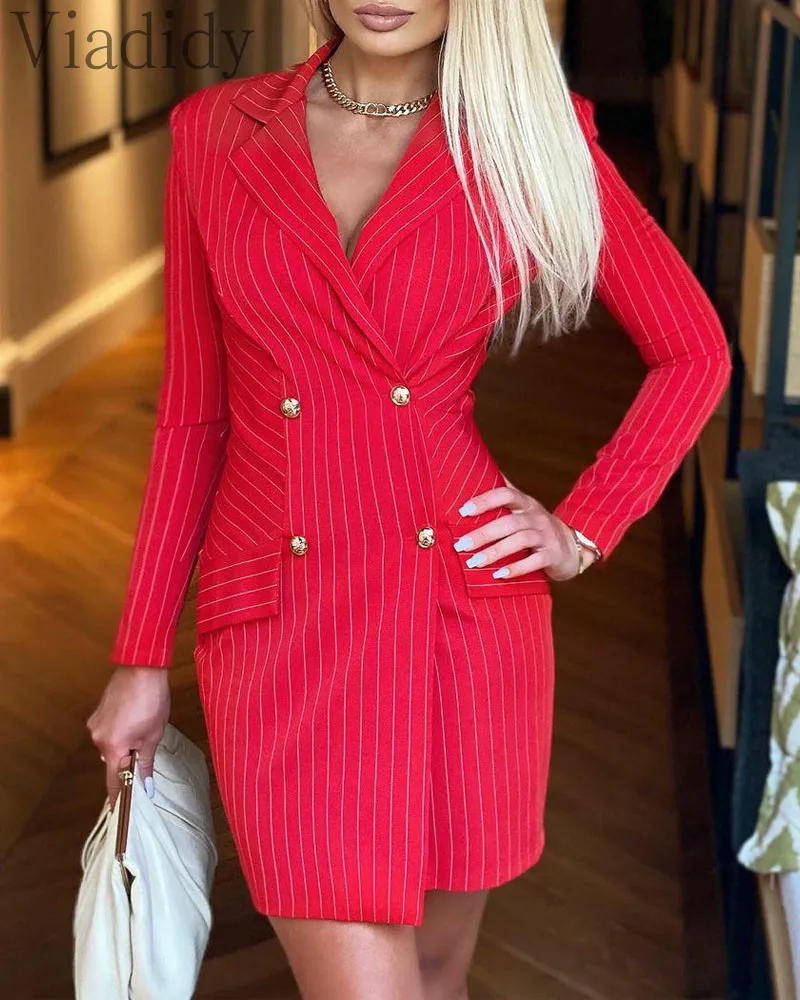 

Red Striped Long Sleeve Double Breasted Slim Fit Blazer Dress Vestido
