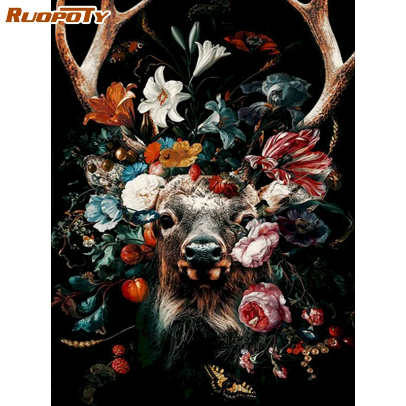

RUOPOTY 5D DIY Diamond Painting Deer Animals Diamond Embroidery Tulip Cross Stitch Picture Rhinestones Msaic Art Kits Home Decor