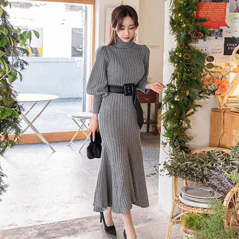 

2021 Autumn Winter Turtleneck Solid Lantern Sleeve Belt Sweater Knitted Fishtail Dress Slim Elegant Bodycon Formal Party Dress