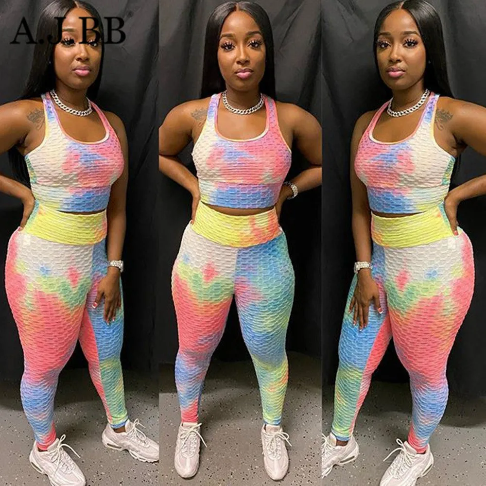 Summer new casual tie dye print sports two piece suit fashion slim fit o-neck sleeveless suspender vest and trousers women's set |