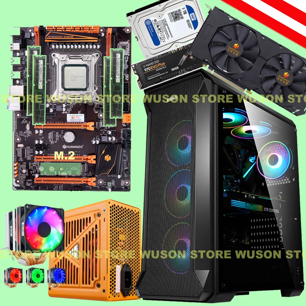Материнская плата HUANANZHI X79 deluxe с M.2 500G SSD CPU Xeon E5 2690 V2 RAM 64G(4*16G) 500W PSU GTX1660