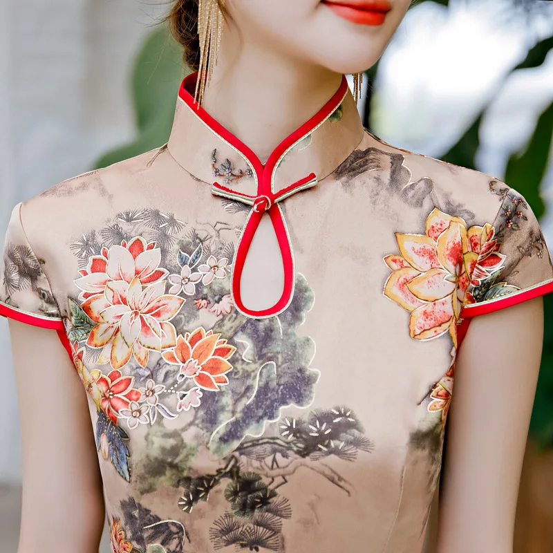 

Lady Flower Print Vintage Chinese Dress Sexy Slim Hollow Out Novelty Cheongsam Summer Short Sleeve Medium Length Qipao M-4XL