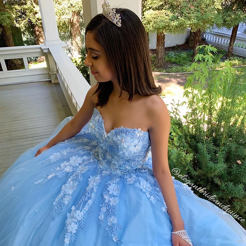 Небесно-Голубое Кружевное Платье для Quinceanera милое вечернее платье с бисером на