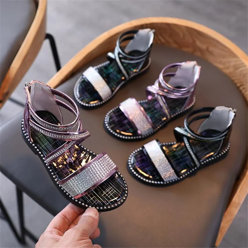 

JY Summer Children Girls 2021 Rhinestone Gladiator Sandals Soft Sole Roman Shoes Black Pink 26-35 TX11