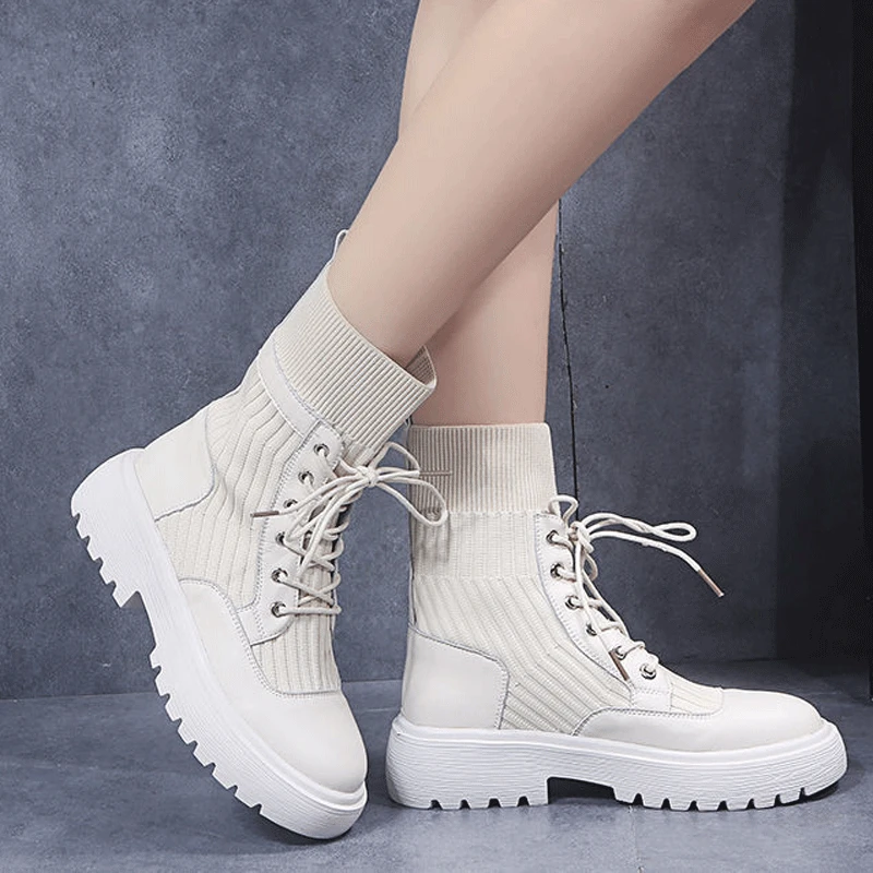 

Knit Platform Boots Women Stretch Fabric Martin Boots Leisure Lace Up Ankle Boots Women Shoes Black Beige Botines Mujer