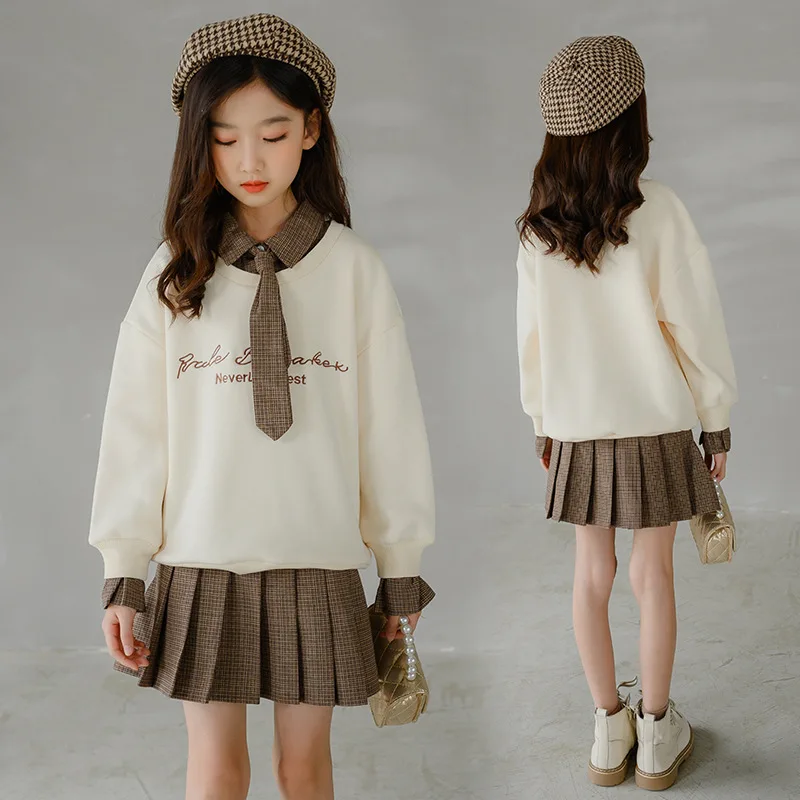 

2021 autumn Kids Girls School Clothes plaid sweater + Skirts Suits Winter Fleece Children Uniform Clothes teenager 8 9 12 7 year