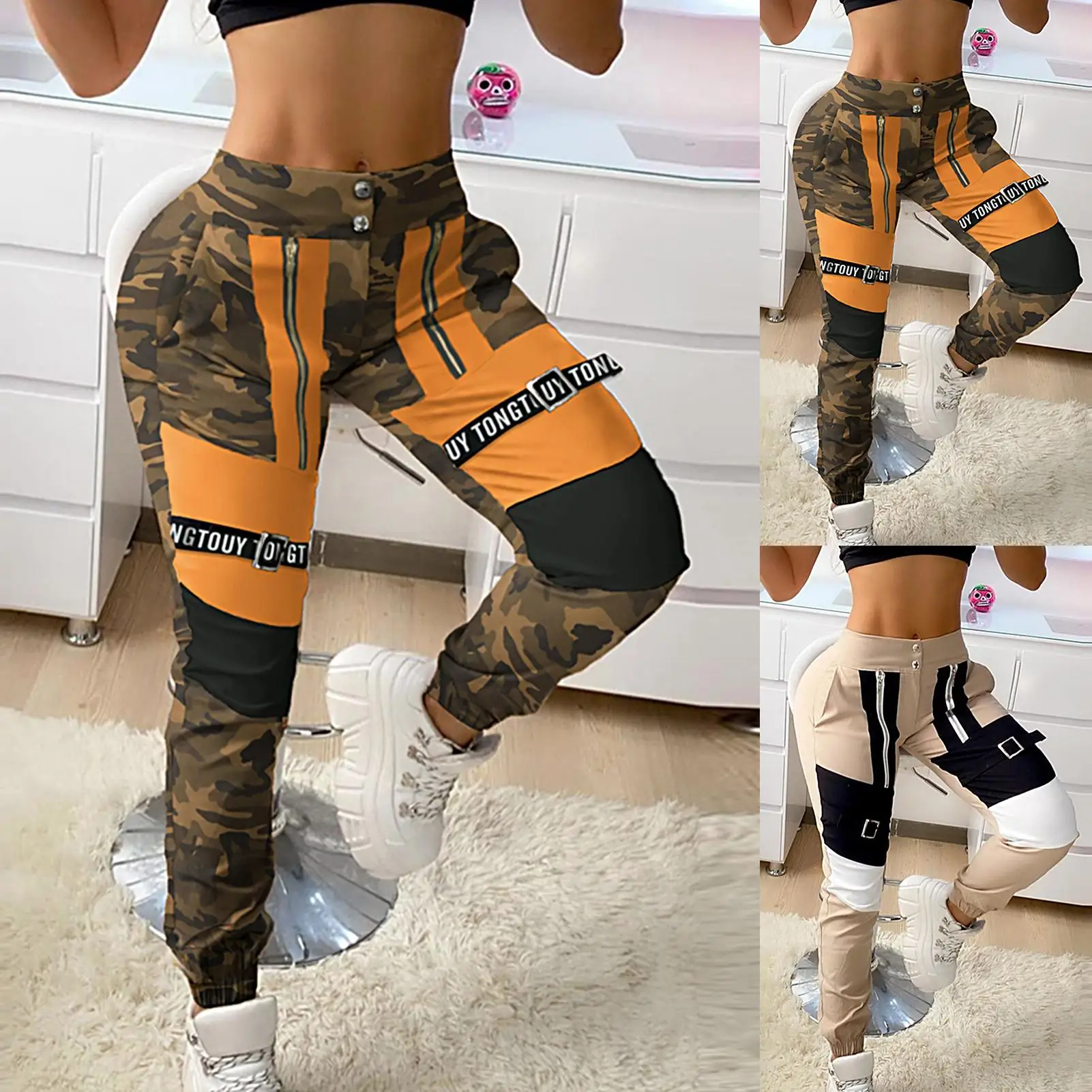

Cargo Pants Women Ankle Tie High Waist Straight Womens Sweatpants Color Block Button Zipper Women Cargo Pants For Women Joggers