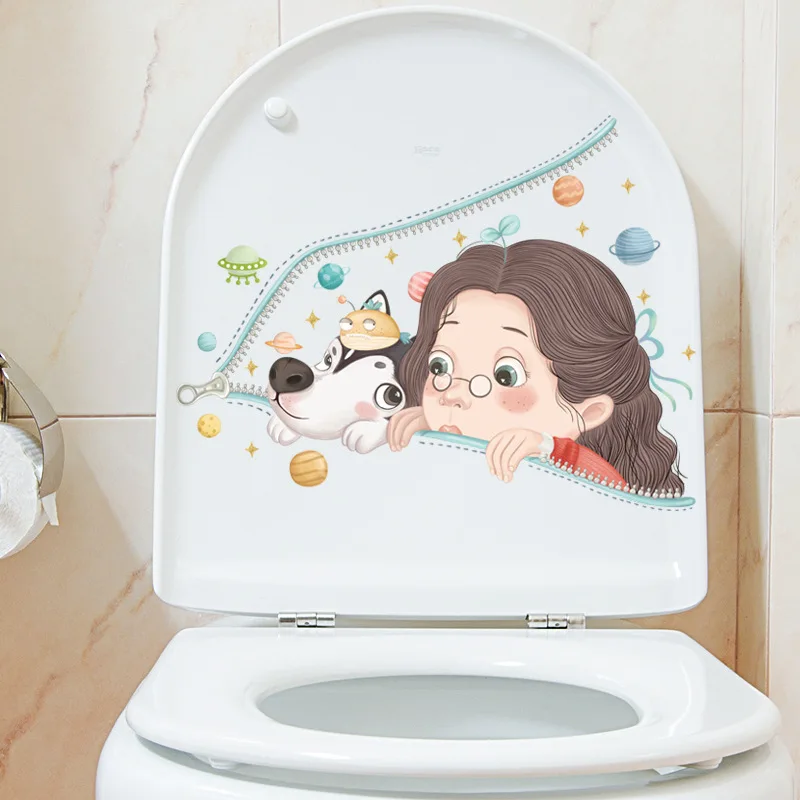 

Lovely Girl and Dog Toilet Stickers Waterproof PVC Sticker Home Decor Cat an Mouse Wall stickers for Bathroom Wall Decoration