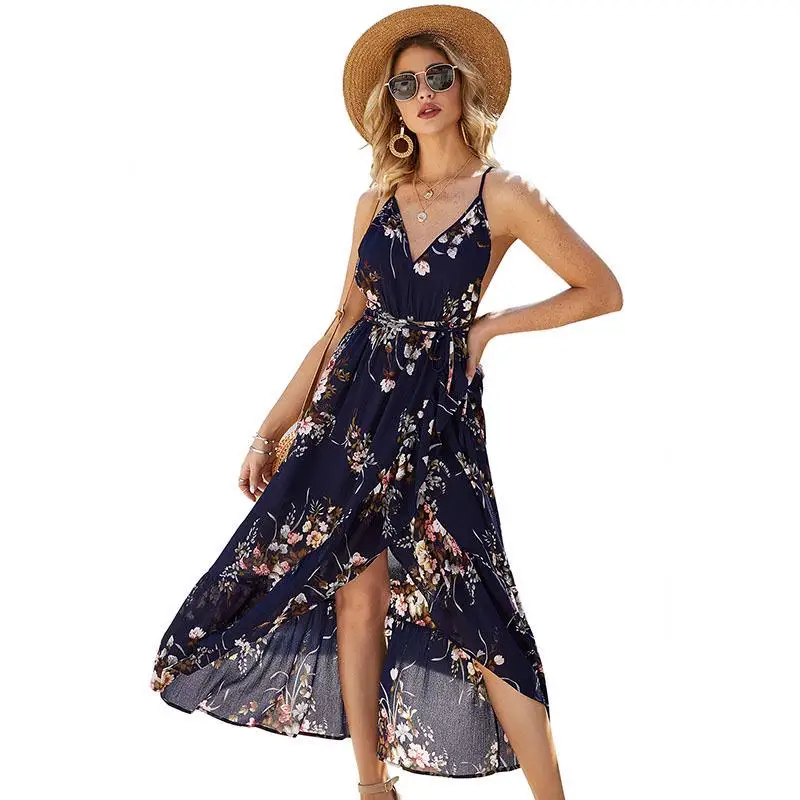 

Summer 2020 new style holiday style explosion printing sling leak back lace up ruffled irregular dress