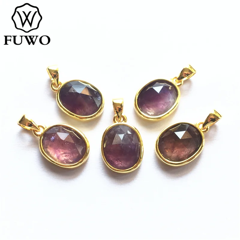 FUWO Natural Amethysts Bead Pendant With Brass Bezel Trimmed Anti-Tarnish Oval Quartz Charm For Jewelry Making PD287