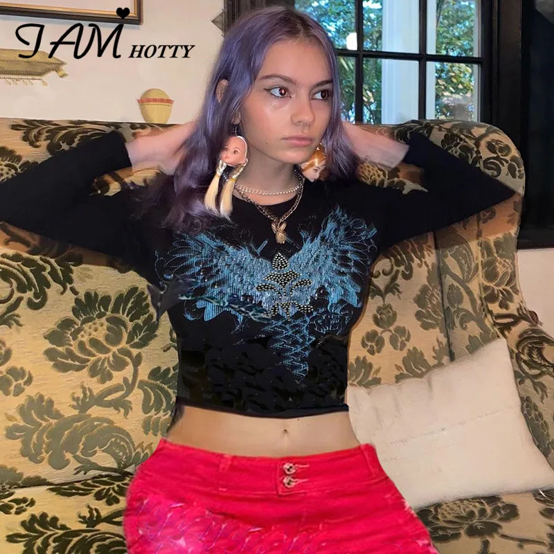 

Укороченный Женский Топ Стразы в стиле ретро с рисунком, Женский хлопковый топ в рубчик, волнистый Топ, футболка с рисунком в эстетическом с...