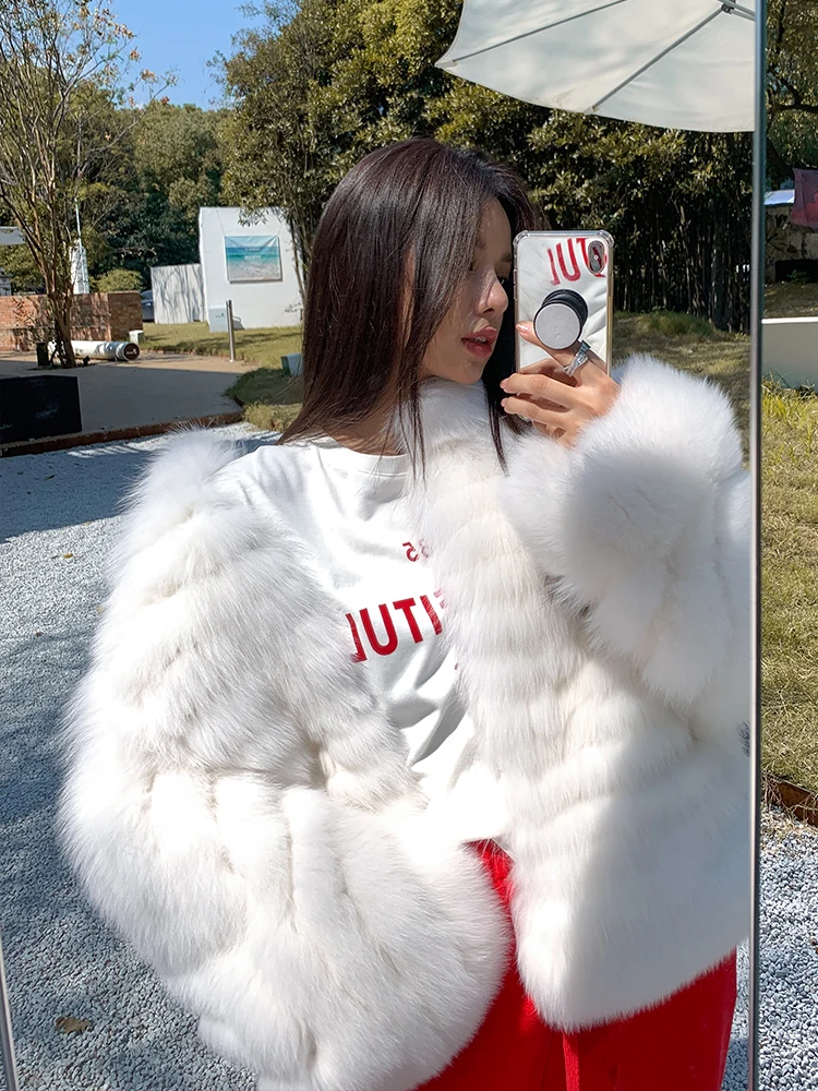 Fashion White Real Fox Fur Coat Stand Collar Winter New Whole Skin Genuine Fox Fur Jacket Luxury Woman Thick Warm Fur Overcoats